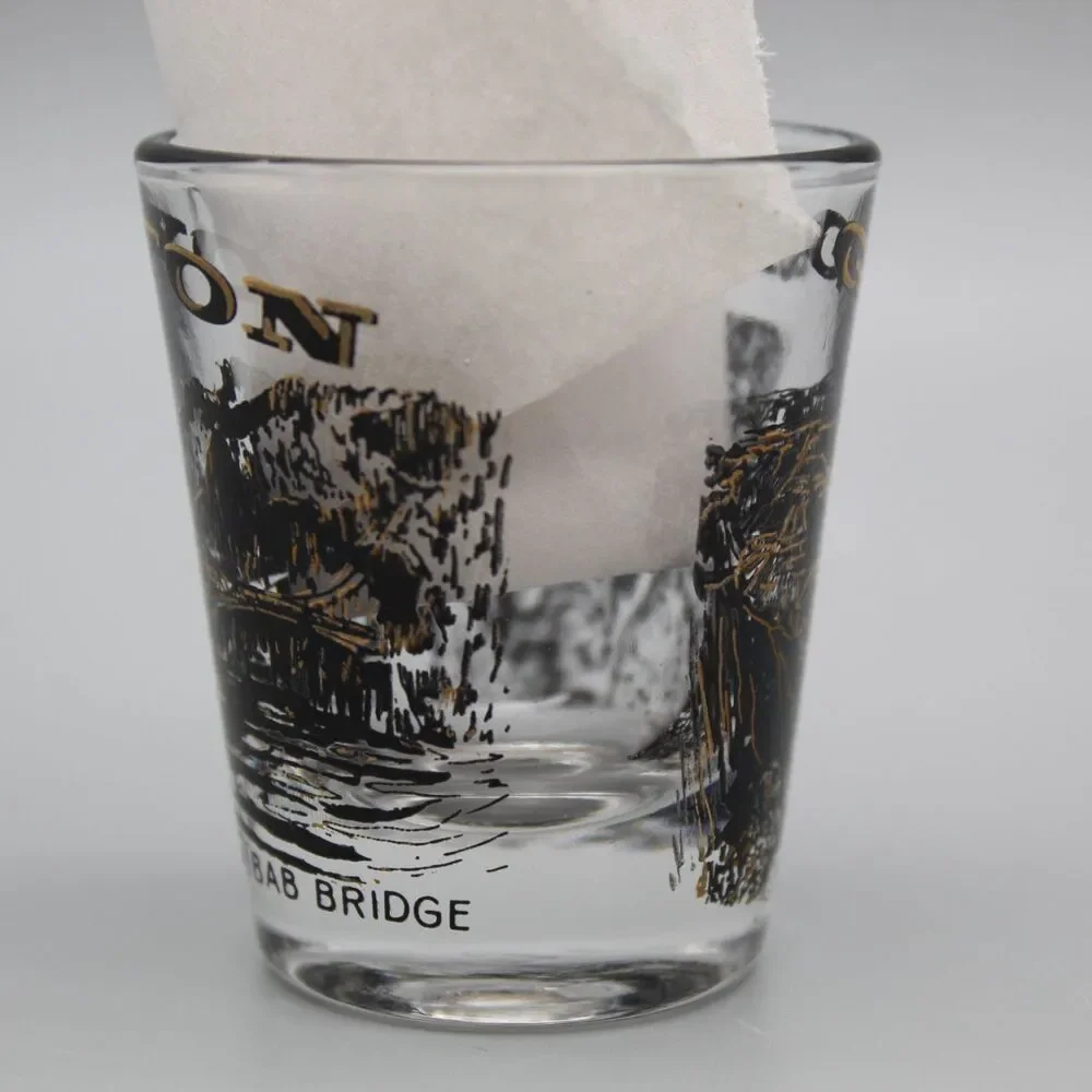 Vintage Grand Canyon Arizona Shot Glass Kaibab Bridge Black and Gold Barware